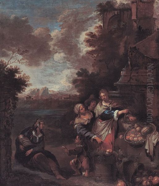 Scena Di Mercato Con Rovine Romane Oil Painting by Dirk Theodoor Helmbreker