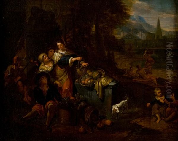 Sosta Di Contadini Presso Un Rudere Antico (scena Di Genere)(+ Danza Di Contadini In Un Paesaggio (scena Di Genere); Pair)(genre Scenes) Oil Painting by Dirk Theodoor Helmbreker
