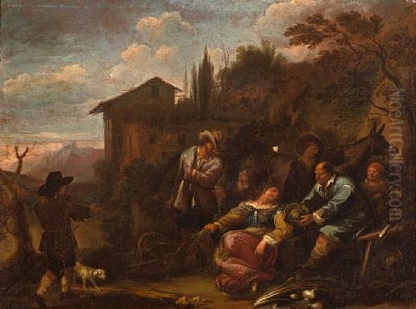 The Cabbage Seller (+ A Traveler Passing Through A Village Market; Pair) Oil Painting by Dirk Theodoor Helmbreker