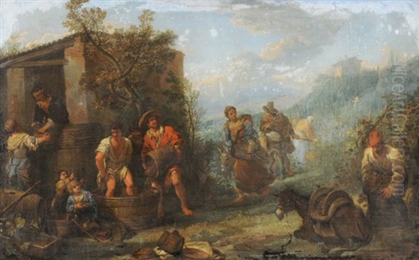 Bauerliche Gesellschaft Beim Trauben Stampfen Oil Painting by Dirk Theodoor Helmbreker