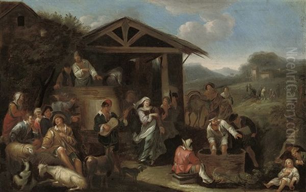 An Italianate Landscape With Peasants Oil Painting by Dirk Theodoor Helmbreker