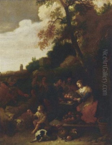A Fruit-seller In A Wooded Landscape Oil Painting by Dirk Theodoor Helmbreker