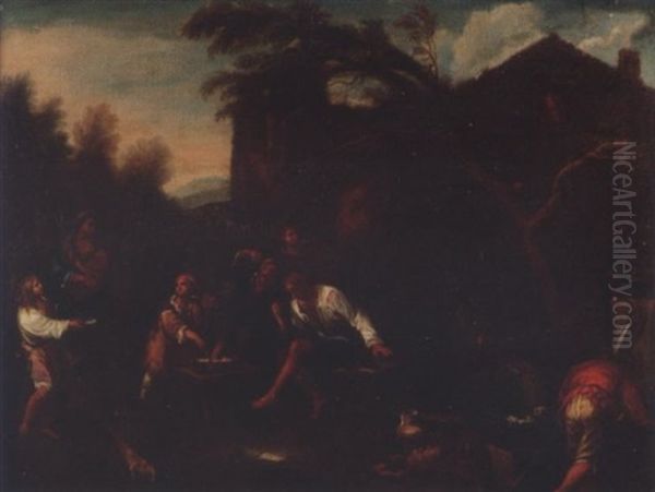 Peasants Feasting Outside A Tavern With A Beggar Woman, Her Baby And Son Oil Painting by Dirk Theodoor Helmbreker