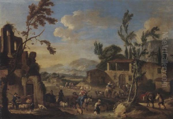 A Village With Peasants Herding Cattle, A Mountainous Landscape Beyond Oil Painting by Dirk Theodoor Helmbreker