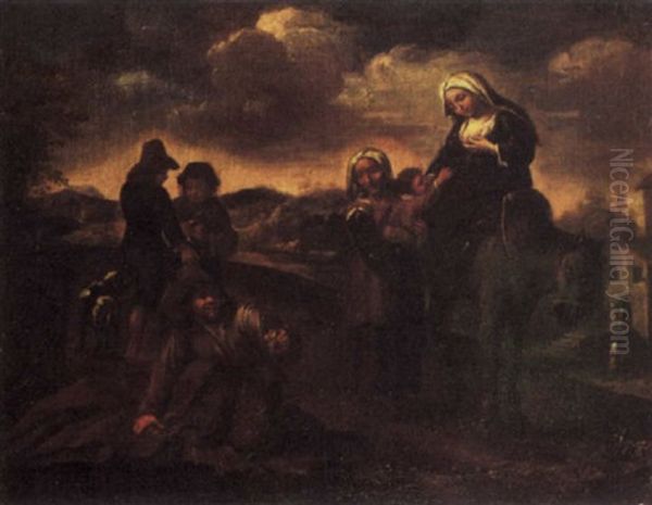 A Peasant Family With A Mule At A Roadside Oil Painting by Dirk Theodoor Helmbreker