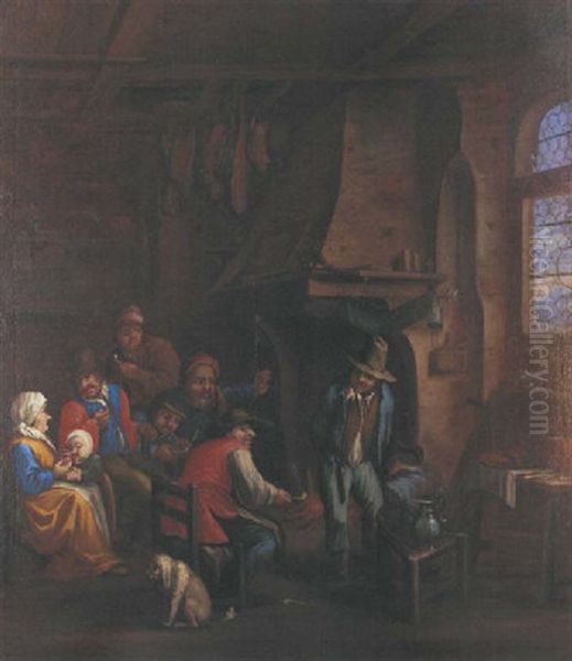 Peasants Gathered At A Fireside In An Interior Oil Painting by Dirk Theodoor Helmbreker