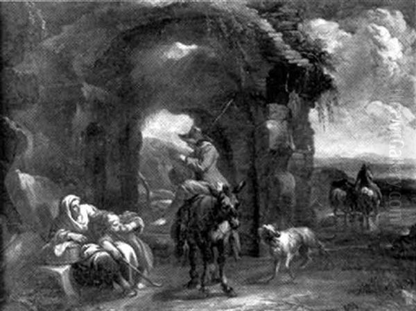 La Halte Des Paysans Pres De Ruines Oil Painting by Dirk Theodoor Helmbreker