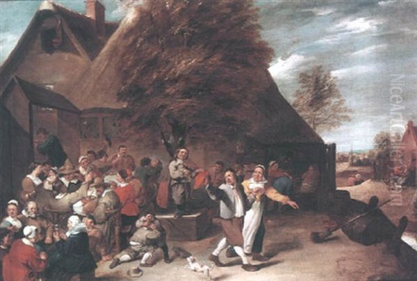 A Violin Player And Peasants Merrymaking In A Town Oil Painting by Matheus van Helmont
