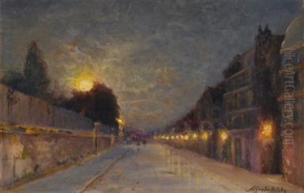 Moonlit Street Scene Oil Painting by Alfredo H. Helsby