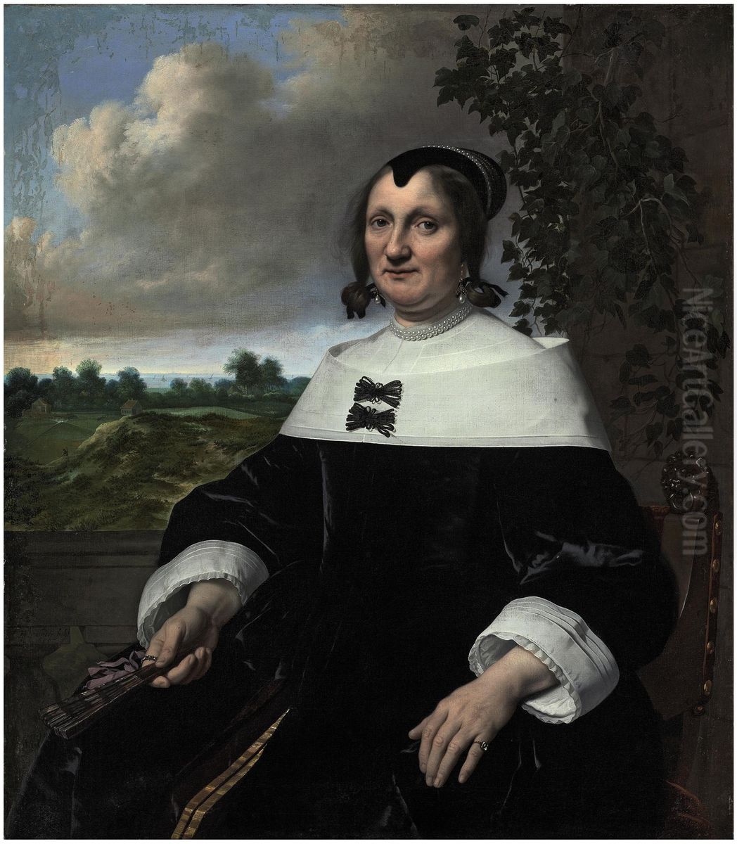 Portrait Of A Lady, Probably Hester Du Pire, Seated Before A Balustrade, Holding A Fan, With A View Out To The Sea Beyond Oil Painting by Bartholomeus Van Der Helst