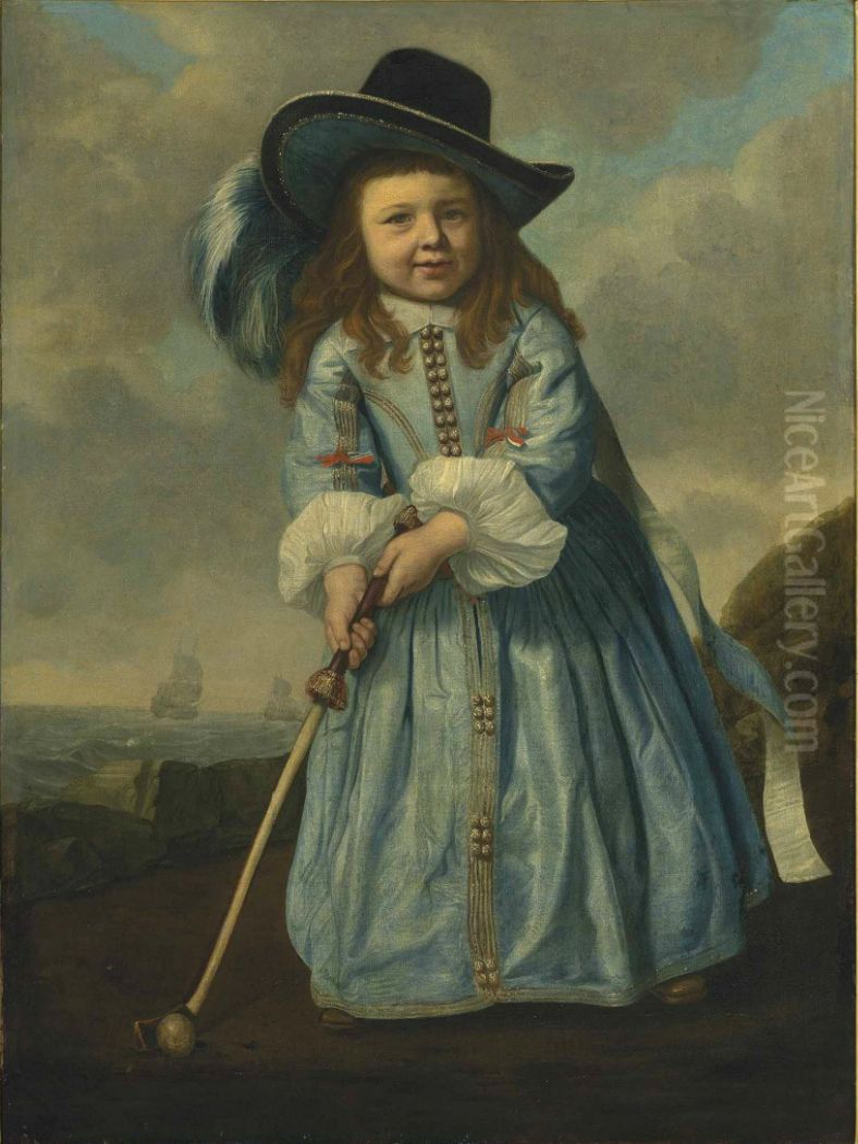 Portrait Of A Boy Playing Golf By The Shore Oil Painting by Bartholomeus Van Der Helst