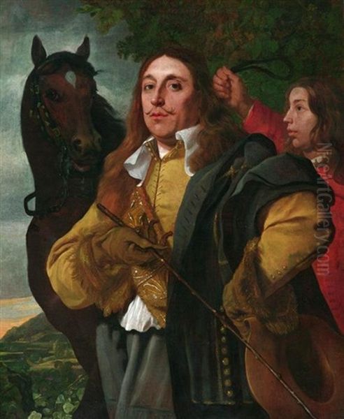 Portrat Eines Edelmannes Mit Pferd Und Burschem Vor Weiter Hugellandschaft Oil Painting by Bartholomeus Van Der Helst