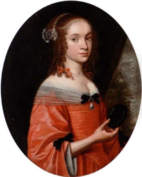 Portrait Of A Young Lady In A Red Dress Holding A Miniature Oil Painting by Bartholomeus Van Der Helst