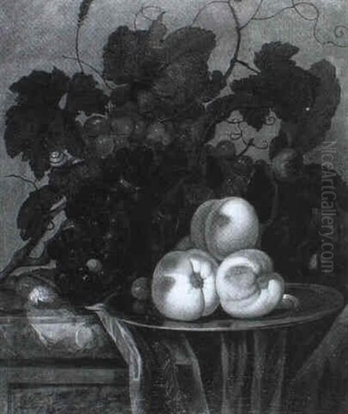 Stilleben Mit Trauben, Davor Ein Zinnteller Mit Reifen      Pfirsichen Oil Painting by Bartholomeus Van Der Helst