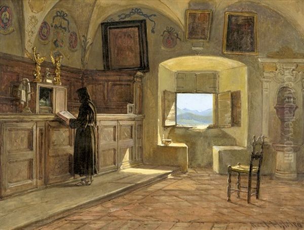 Interieur Eines Klosterzimmers Mit Lesendem Monch Oil Painting by Axel Helsted