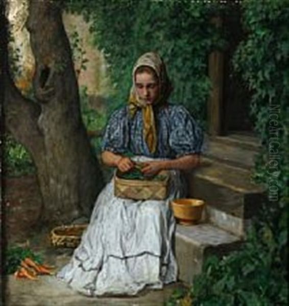 A Young Girl Podding Peas Oil Painting by Axel Helsted