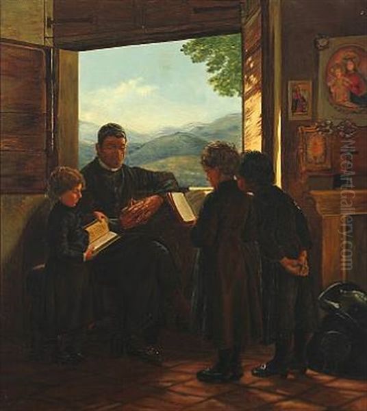 Interior From Italy With A Priest And Reading Children Oil Painting by Axel Helsted