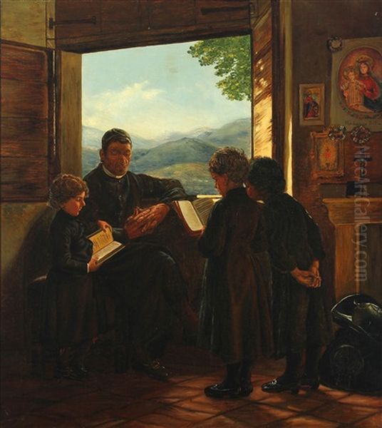 Interior With A Priest And Reading Children Oil Painting by Axel Helsted