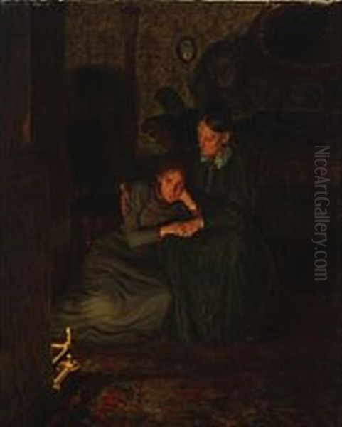 Interior With Two Contemplating Women In Front Of The Fireplace Oil Painting by Axel Helsted