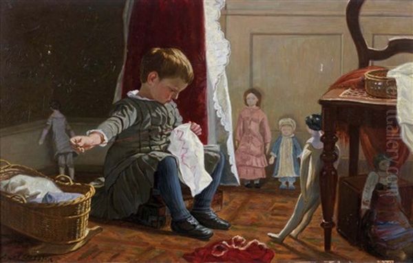 Petite Fille Jouant A La Poupee Oil Painting by Axel Helsted