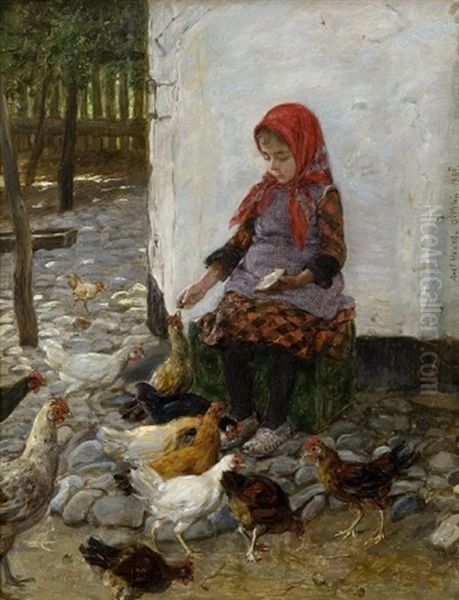 En Lille Pige Fodrer Hons Oil Painting by Axel Helsted
