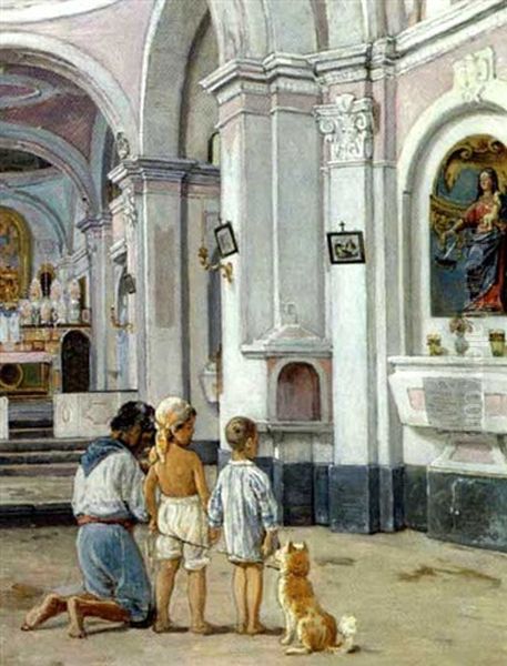 Far Og To Sonner Ved En Statue Af Jomfru Maria I Sa. Maria Del Bastimento-kirken Oil Painting by Axel Helsted