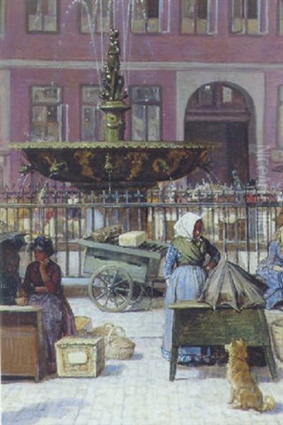 Torvekoner Ved Caritas Springvandet Pa Gammel Torv Oil Painting by Axel Helsted