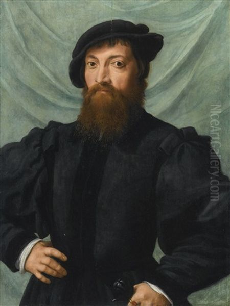Portrait Of A Man, Half-length, Standing Before A Green Curtain Oil Painting by Jan van Hemessen