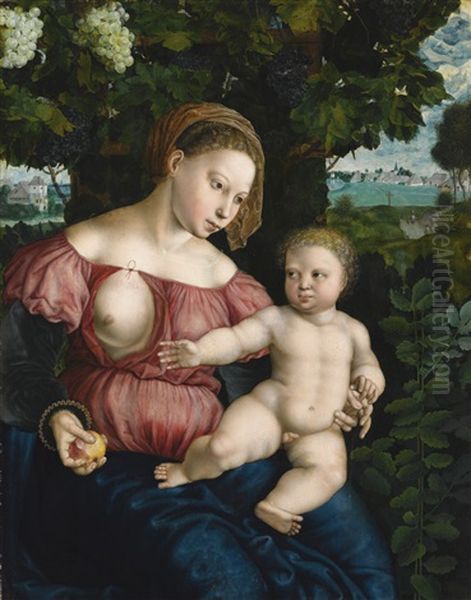 Virgin And Child Beneath A Vine Oil Painting by Jan van Hemessen