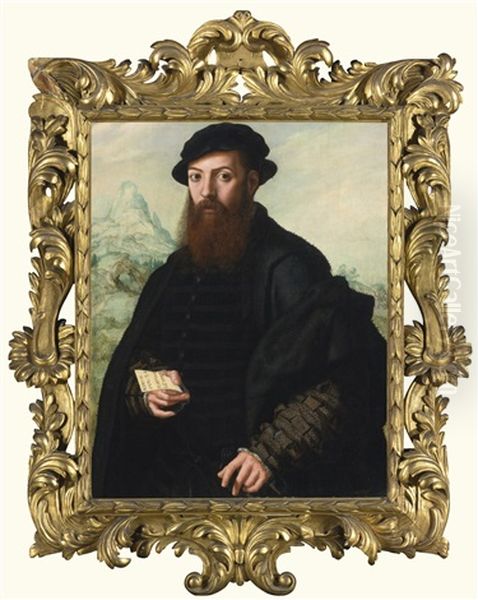 Portrait Of A Bearded Gentleman, Aged 34, Before An Extensive Landscape Oil Painting by Jan van Hemessen