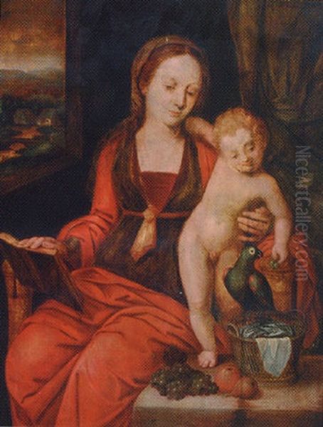 The Madonna And Child With A Parakeet Oil Painting by Jan van Hemessen