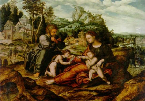 The Holy Family With The Infant Saint John The Baptist On The Return Form Egypt Oil Painting by Jan van Hemessen