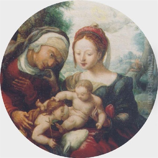 The Madonna And Child Adored By Saint Elisabeth And The Infant Saint John The Baptist In A Landscape Oil Painting by Jan van Hemessen