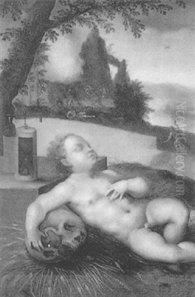 Schlafender Putto In Einer Landschaft, Allegorie Der Verganglichkeit Oil Painting by Jan van Hemessen