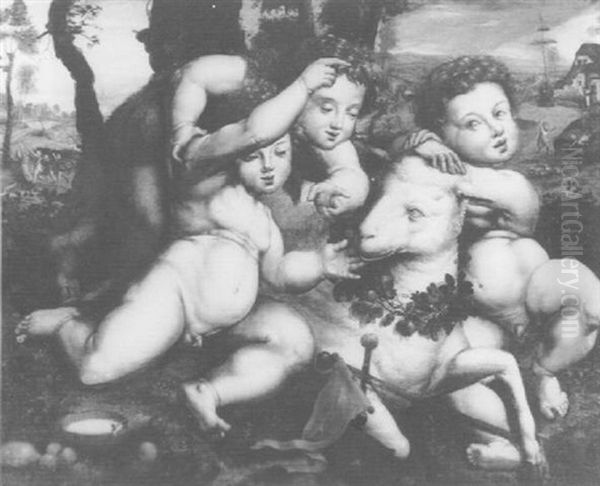 The Infant Saint John The Baptist And Children Playing With The Lamb Of God Oil Painting by Jan van Hemessen