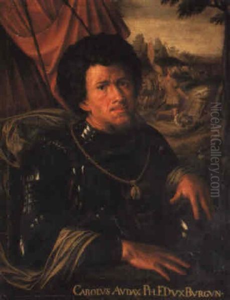 Portrait Of Charles The Bold Wearing Armour With His Hand On A Helmut Oil Painting by Jan van Hemessen