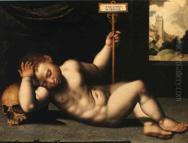 A Vanitas: Infant Reclining By Window Overlooking A Wooded Landscape Oil Painting by Jan van Hemessen