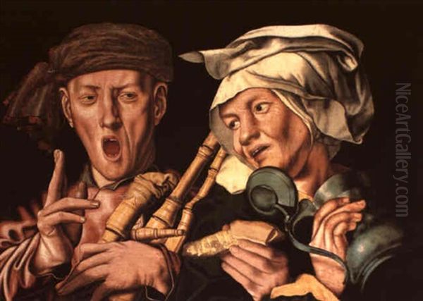 A Piper With A Peasant Woman Holding A Tankard Oil Painting by Jan van Hemessen