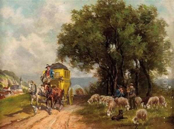 Schafhirten Am Wegrand Mit Postkutsche Oil Painting by Georg Hemmrich