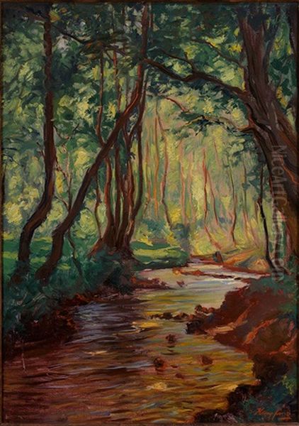 Waldbach Mit Flirrendem Lichteinfall An Einem Fruhlingstag Oil Painting by Wilhelm Hempfing