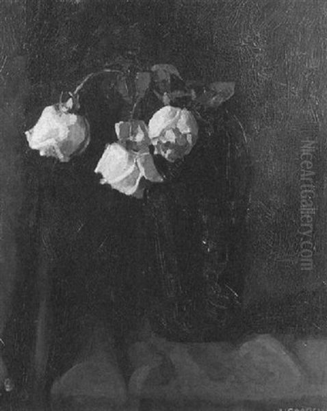 Still Life Of Yellow Roses In A Blue Vase Oil Painting by Wilhelm Hempfing