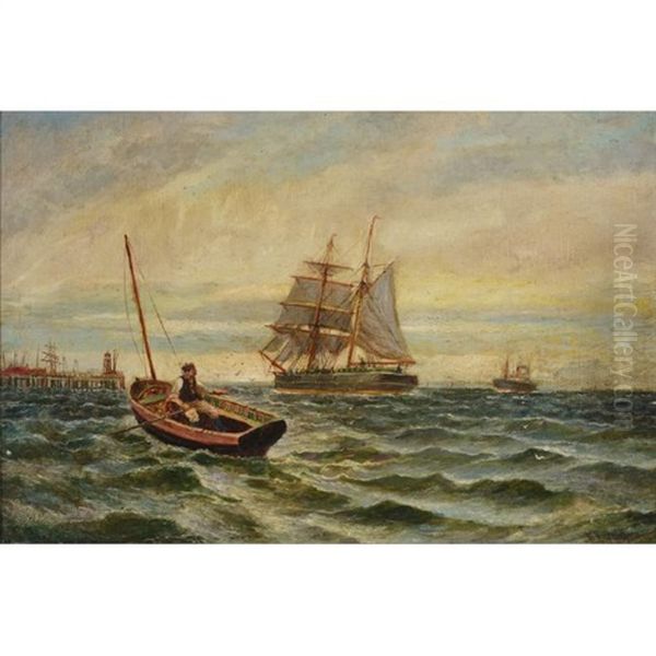 Man In Boat On Rough Seas Oil Painting by Bernard Benedict Hemy