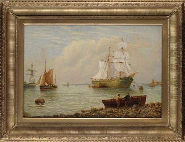 A Brigantine Unloading Timber At North Shields Oil Painting by Bernard Benedict Hemy