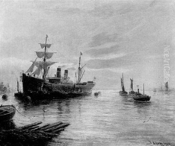 Shipping On The Thames Oil Painting by Bernard Benedict Hemy