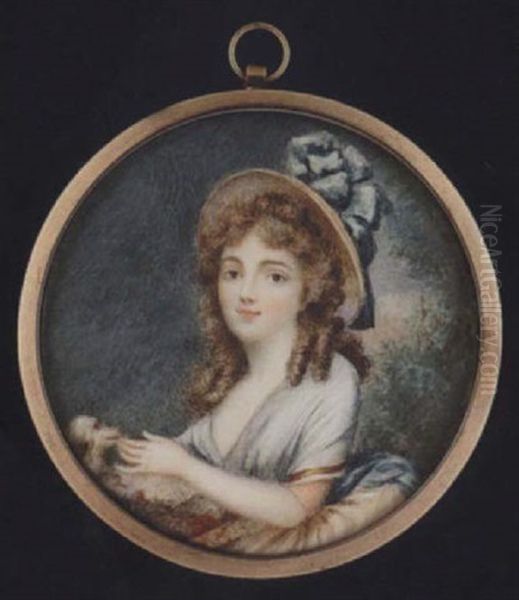 A Young Lady Wearing Straw Hat Dress With Blue Ribbons, Decollete Dress, Cream Skirt And Blue Ribbon Waistband... Oil Painting by Charles Henard