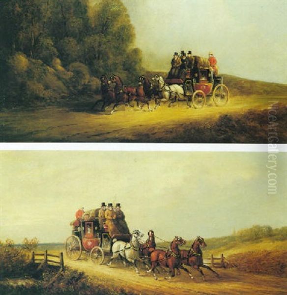 The London To Bath Royal Mail And The London To Brighton Royal Mail On The Open Road Oil Painting by Charles Cooper Henderson