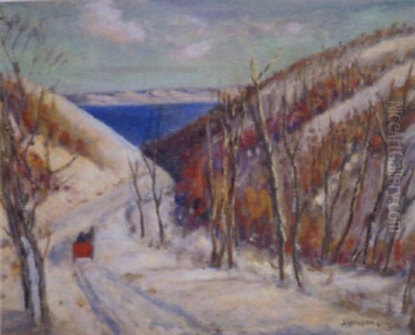 Untitled - Qu'appelle Winter And The Red Sleigh Oil Painting by Henderson, James