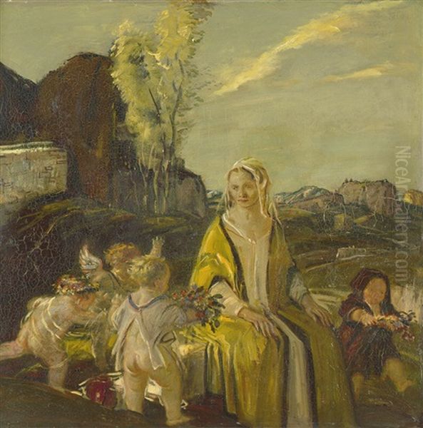 Vor Einer Landschaft Sitzende Frau, Die Von Putten Mit Blumen Beschenkt Wird Oil Painting by Adolf Hengeler