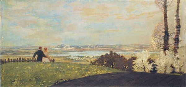 A Couple In A River Landscape Oil Painting by Adolf Hengeler
