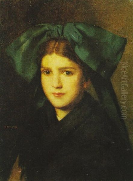A Portrait Of A Young Girl With A Bow In Her Hair Oil Painting by Jean Jacques Henner
